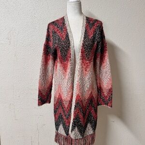 Lucky Brand Long Cardigan Medium  Red /Grey Aztec Fringe Duster western  Sweater
